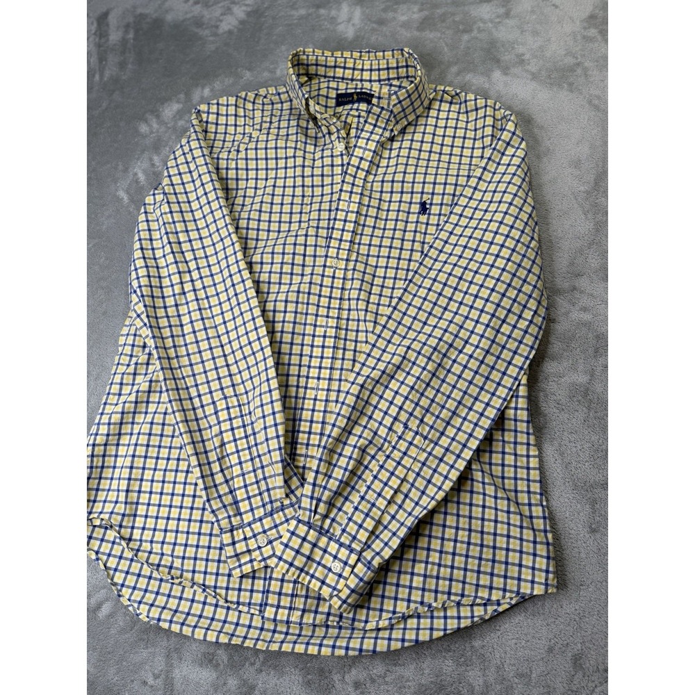 Ralph Lauren Button Down Shirt L Yellow Blue Check Preppy Long Sleeve Cotton
